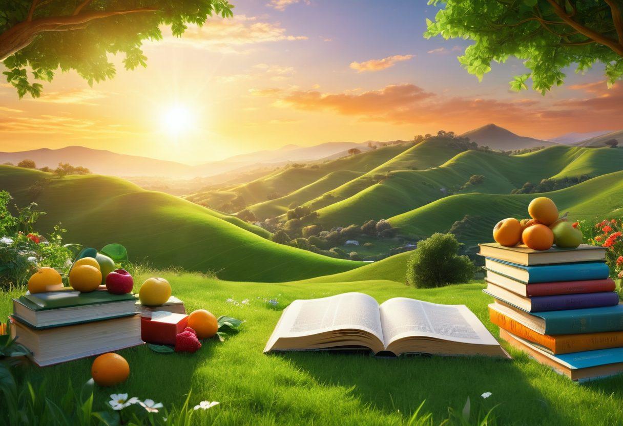 A serene landscape showcasing a sunrise over lush green hills, where a person stands in a meditative pose embodying contentment. Scattered around are vibrant resources like open books on wellness, fresh fruits, and nature’s bounty symbolizing upliftment. Soft rays of sunlight illuminating the scene, creating a peaceful yet inspiring atmosphere. vibrancy and warmth. 3D. vibrant colors.