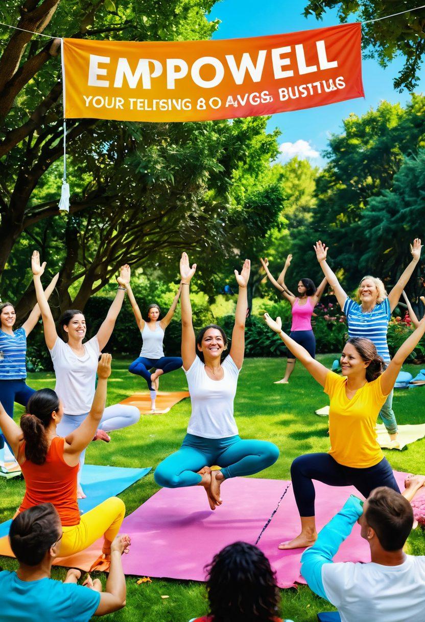 A vibrant gathering of diverse individuals in a sunny park, engaging in joyful activities like yoga, group discussions, and laughter, surrounded by lush greenery and colorful flowers. A banner reading 'Empower Your Well-Being' hangs overhead, symbolizing community and support. The scene radiates positivity and energy, inviting viewers to join the movement for a fulfilled life. colorful illustration. bright colors. cheerful atmosphere.