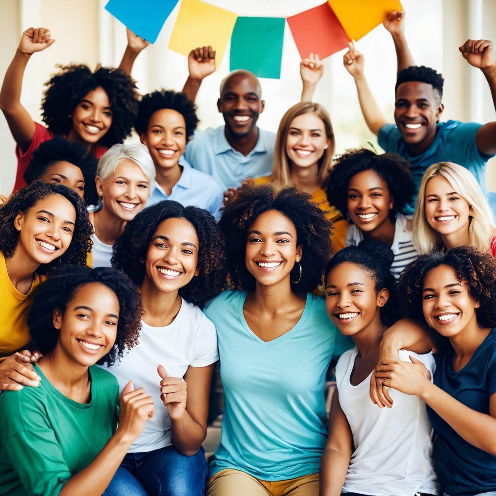 A diverse group of people smiling and engaging in a supportive circle, showcasing a variety of ages and backgrounds, with colorful uplifting banners in the background illustrating themes of empowerment and connection. Bright natural light filters through, creating a warm atmosphere. The scene conveys a sense of unity and optimism. vibrant colors. super-realistic.